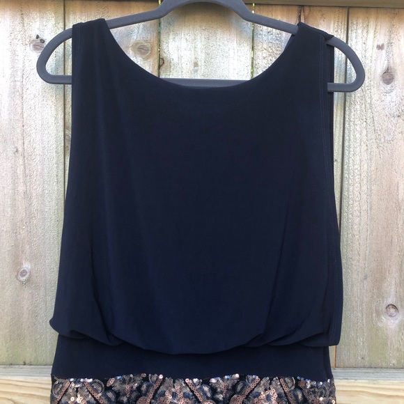 Betsy & Adam Blouson Mini Dress Size 8 Sequin Skirt Black Copper Sleeveless - Picture 2 of 12